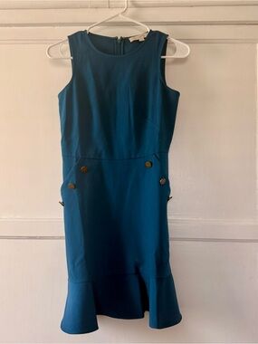 Teal Sheath Dress with Fluted Hem And Metal Button Details